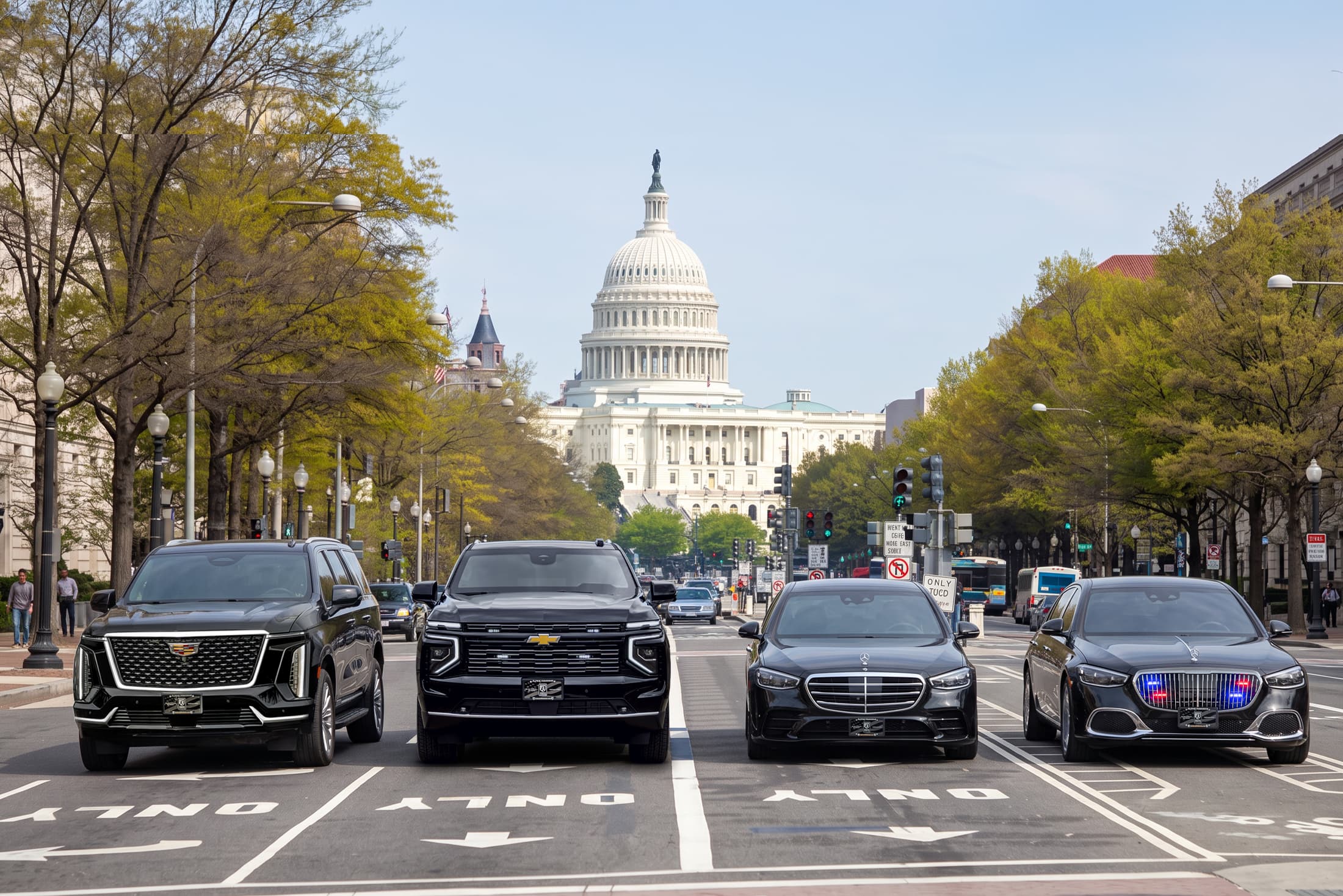 Armored Cadillac Escalade, Chevrolet Suburban, Mercedes S-Class, and Maybach lined up in front of the U.S. Capitol